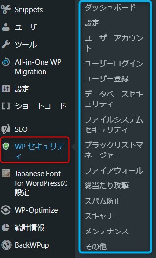 「All In One WP Security」 の設定画面は、管理画面の左の中に有ります